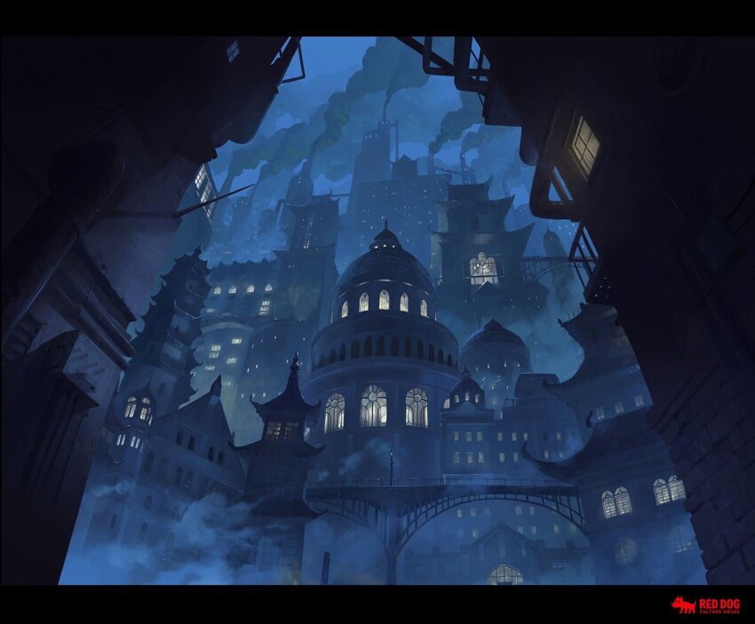 arch_bridge arched_window blue_sky bridge building city cityscape dome fog night night_sky no_humans original road scenery sky slow_d smoke smokestack street truss window