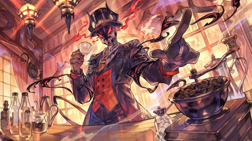 1boy black_fire black_hat black_mask brown_coat brown_necktie brown_pants cafe ceiling_light coat coffee_beans coffee_grinder coffee_mug collared_shirt commentary_request counter cowboy_shot cup curtains demon demon_tail dot-matrix fake_horns fire foreshortening formal_clothes glass_bottle glowing glowing_eyes hat highres holding holding_cup horned_headwear horns indoors lens_flare long_coat long_sleeves looking_at_viewer male_focus masuta_dexi mug necktie open_clothes open_coat pants plaid_clothes plaid_coat pointing pointing_at_viewer red_vest shirt solo sugar_cube tail tapioka_chaso tie_clip top_hat vest virtual_youtuber white_shirt window wing_collar world_connect