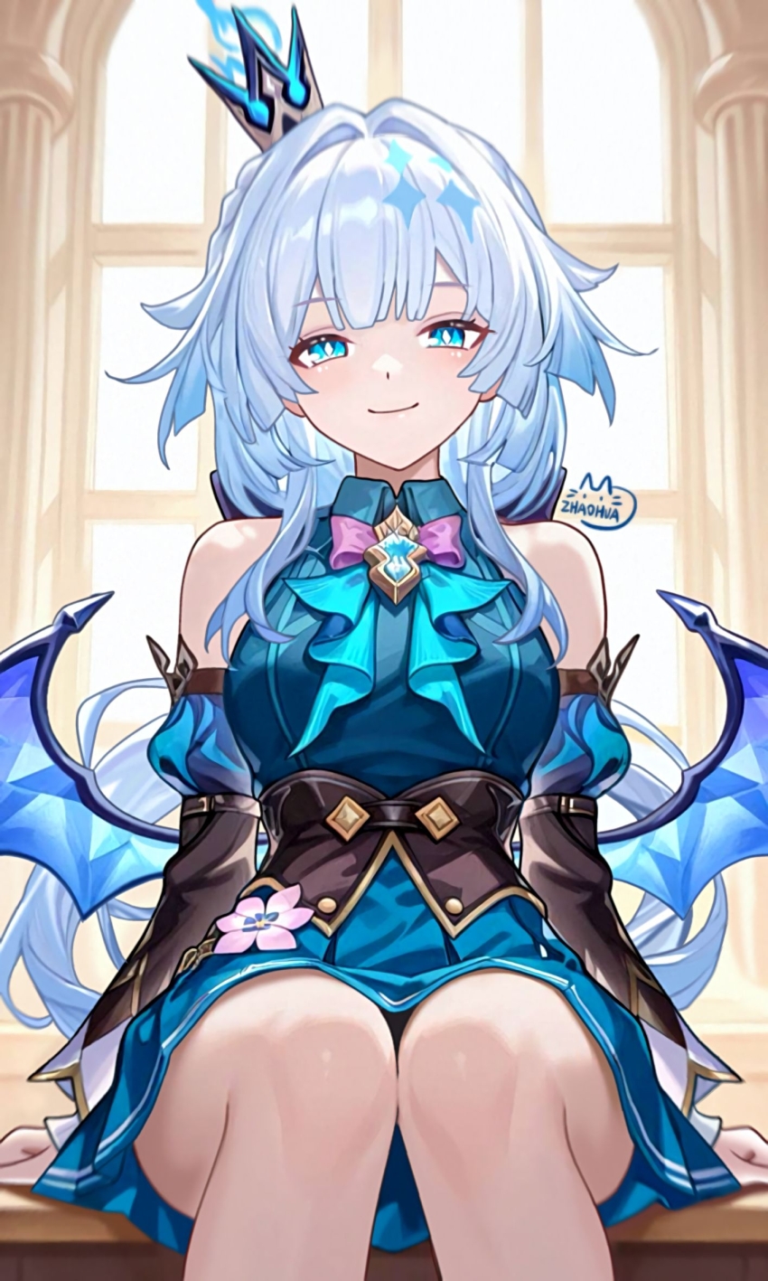 1girl blue_dress blue_eyes blue_hair breasts cerydra_(honkai:_star_rail) commentary crown detached_sleeves dress hair_intakes highres honkai:_star_rail honkai_(series) indoors long_hair looking_at_viewer medium_breasts mini_crown sitting smile solo thighs wings zhaohua