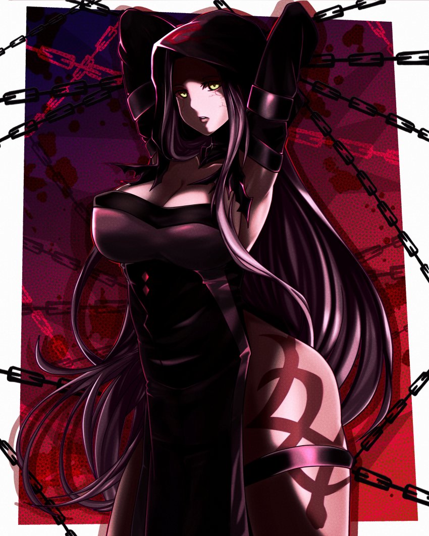 1girl absurdres alter_servant black_dress breasts cape chain cleavage cloak dclaret dress fate/grand_order fate/grand_order:_first_order fate/stay_night fate_(series) female_focus highres holding hood hooded_cape hooded_cloak large_breasts leg_tattoo long_hair looking_at_viewer medusa_(fate) medusa_(lancer)_(fate) medusa_(lancer_alter)_(fate) medusa_(rider)_(fate) petrification purple_hair rider solo tattoo thighhighs very_long_hair yellow_eyes