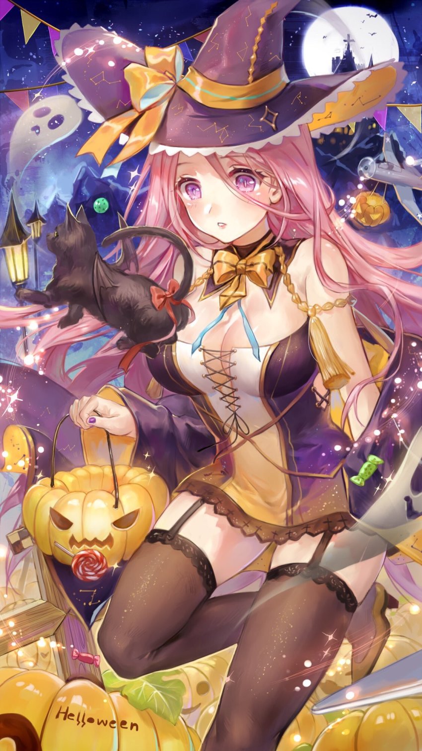 1girl aircraft airplane azur_lane bare_shoulders bat_(animal) bat_wings black_cat black_thighhighs blush bow breasts candy cat cleavage constellation constellation_print cookie cowboy_shot detached_collar dress female_focus food full_moon garter_straps ghost halloween hat hat_bow hat_ribbon high_heels highres jack-o&#039;-lantern lamppost leaf lexington_(azur_lane) lollipop long_hair maccha_(mochancc) moon nail_polish night night_sky no_bra orange_bow orange_ribbon outdoors parted_lips pink_hair pumpkin pun purple_eyes purple_nails red_bow revealing_clothes ribbon shoes short_dress skindentation sky sleeveless sleeveless_dress solo sparkle strapless strapless_dress thighhighs wings witch_hat yellow_neckwear yellow_shoes zettai_ryouiki
