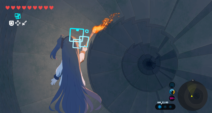 absurdly_long_hair aqua_halo black_hair blue_archive commentary from_above halo heart highres holding holding_torch jacket long_hair long_sleeves miaki_(mi_autumn39) nintendo on_stairs one_side_up parody spiral_staircase stairs stone_stairs the_legend_of_zelda the_legend_of_zelda:_breath_of_the_wild torch user_interface very_long_hair white_jacket