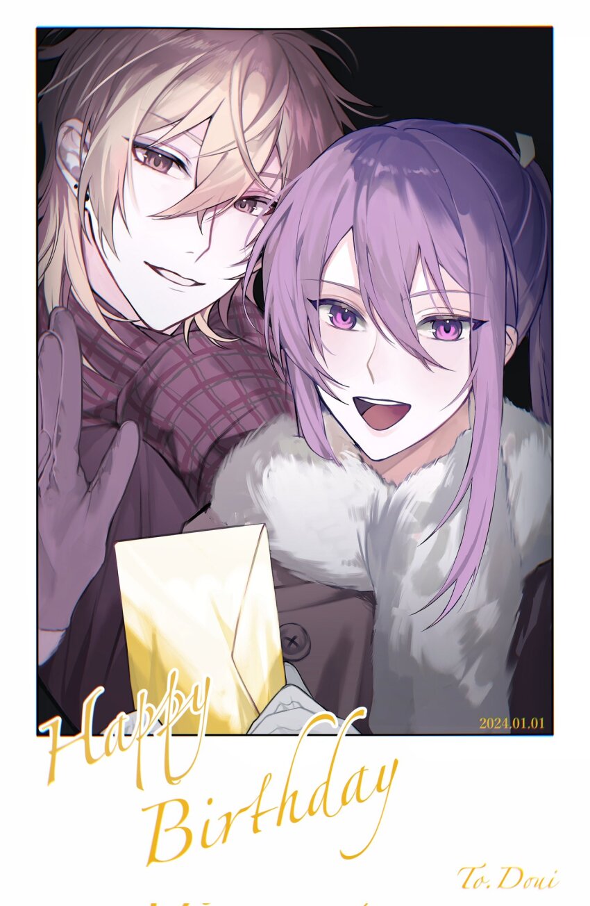 2boys :d black_background blonde_hair border brown_coat brown_eyes brown_gloves casual chromatic_aberration coat dated earrings ensemble_stars! envelope fur_collar gloves grin hair_between_eyes hair_intakes hakaze_kaoru hand_up happy_birthday highres holding holding_envelope jewelry kanzaki_souma long_hair looking_at_viewer male_focus medium_hair motoyui multiple_boys open_mouth plaid_clothes plaid_scarf ponytail purple_eyes purple_hair ru_kosin scarf sidelocks smile teeth upper_teeth_only v-shaped_eyebrows white_border white_gloves winter_clothes wolf_cut
