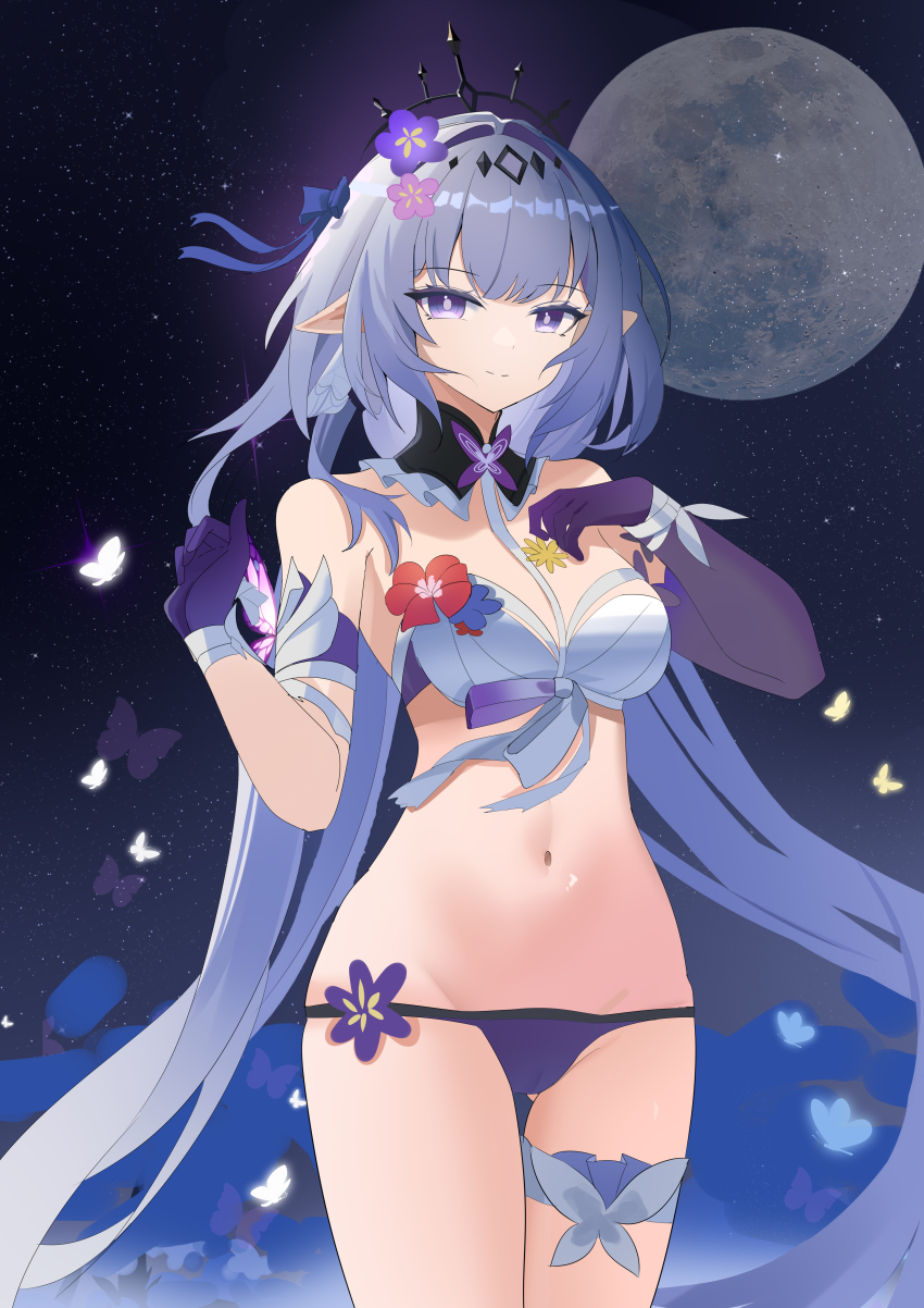 1girl absurdres asymmetrical_gloves bikini black_tiara breasts bug butterfly castorice_(honkai:_star_rail) chinese_commentary commentary_request flower full_body gloves hair_flower hair_ornament highres honkai:_star_rail honkai_(series) insect long_hair looking_at_viewer medium_breasts mismatched_bikini navel night night_sky npp_(artist) outdoors pointy_ears purple_bikini purple_eyes purple_gloves purple_hair sky smile solo star_(sky) starry_sky stomach swimsuit thighs tiara uneven_gloves very_long_hair white_bikini