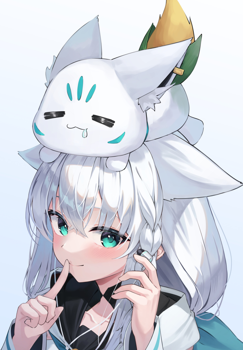 1girl absurdres animal animal_ears animal_on_head aqua_eyes braid earbuds earphones ears_down extra_ears finger_to_mouth fox_ears highres holding_earbud hololive light_blush long_hair looking_at_viewer lunyaria on_head portrait shirakami_fubuki shirakami_fubuki_(1st_costume) shushing simple_background single_braid solo sukonbu_(shirakami_fubuki) virtual_youtuber white_background white_hair