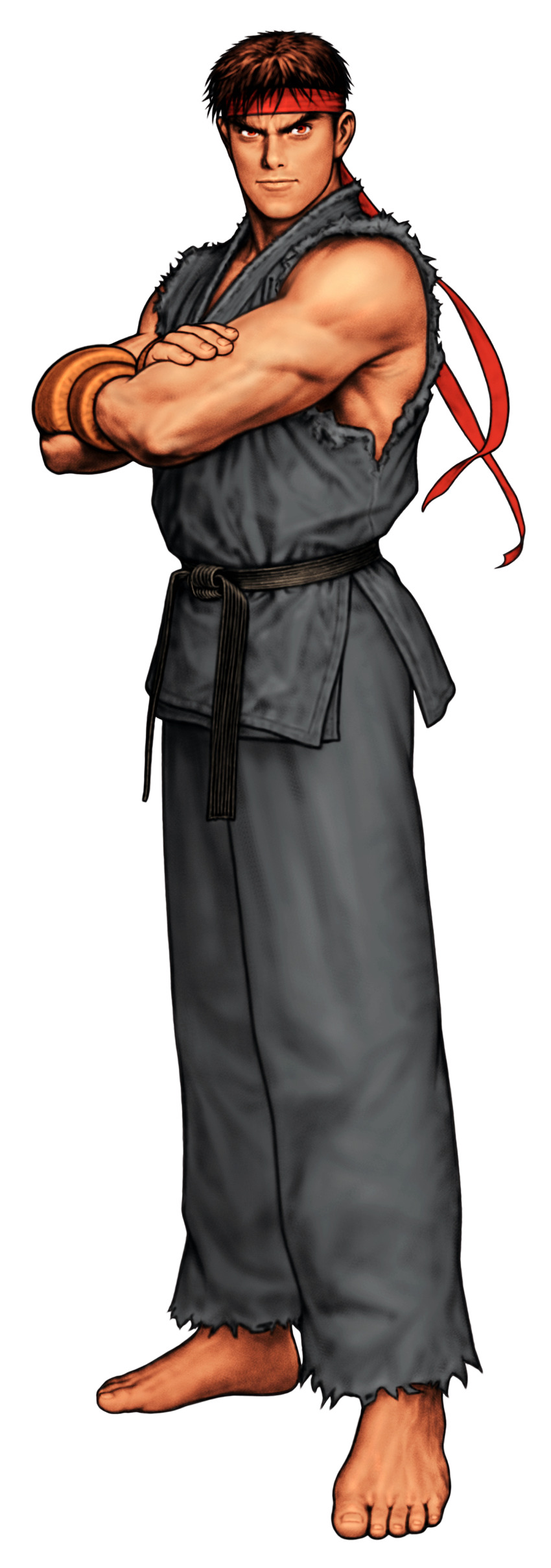 1boy absurdres black_hair capcom capcom_vs_snk_2 crossed_arms dark_persona dougi evil_ryu fingerless_gloves game_cg gloves hand_guard headband highres karate_gi looking_to_the_side male_focus martial_arts_belt mma_gloves mori_toshiaki muscular muscular_male non-web_source official_art red_eyes red_headband ryu_(street_fighter) short_hair simple_background smile solo street_fighter torn_clothes torn_sleeves white_background
