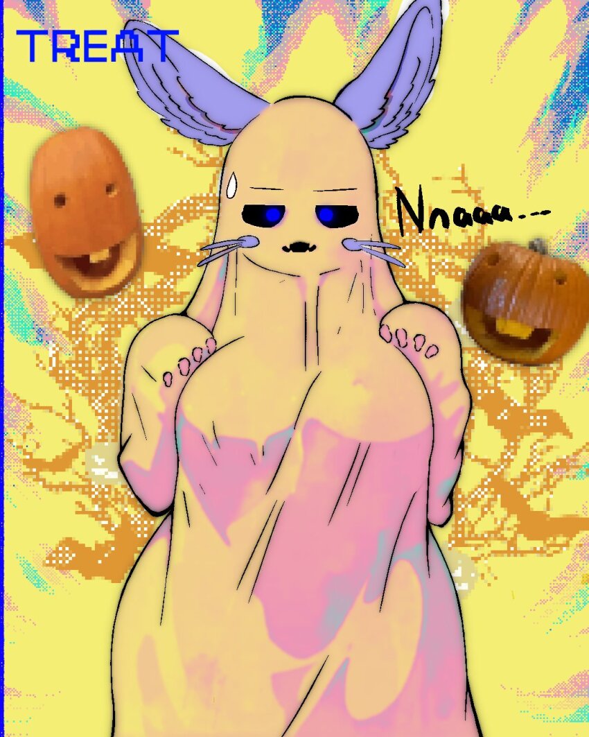 1girl 911servis animal_ears breasts cowboy_shot genderswap genderswap_(otf) ghost_costume highres jack-o&#039;-lantern large_breasts looking_at_viewer made_in_abyss nanachi_(made_in_abyss) open_mouth pumpkin rabbit_ears rabbit_girl sheet_ghost solo whiskers yellow_background