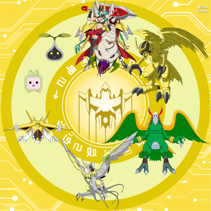 claws crossmon digimon digimon_(creature) energy_gun evolutionary_line highres jetmervamon monimon nyokimon parrotmon raptorsparrowmon ray_gun sparrowmon tail weapon wings