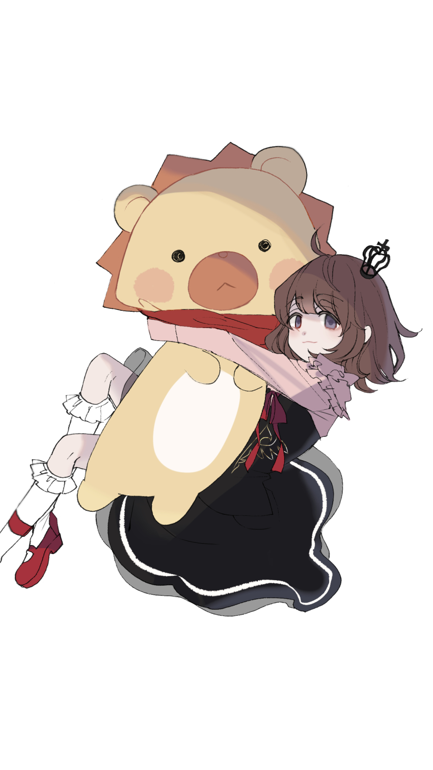1girl ahoge black_skirt blue_eyes brown_hair closed_mouth crown_hair_ornament frilled_socks frills highres long_sleeves mary_janes oversized_object pink_shirt red_ribbon red_scarf red_shoes ribbon sakutarou_(umineko) scarf shirt shoes skirt smile socks stuffed_animal stuffed_lion stuffed_toy tukijirou960 umineko_no_naku_koro_ni ushiromiya_maria white_background white_socks
