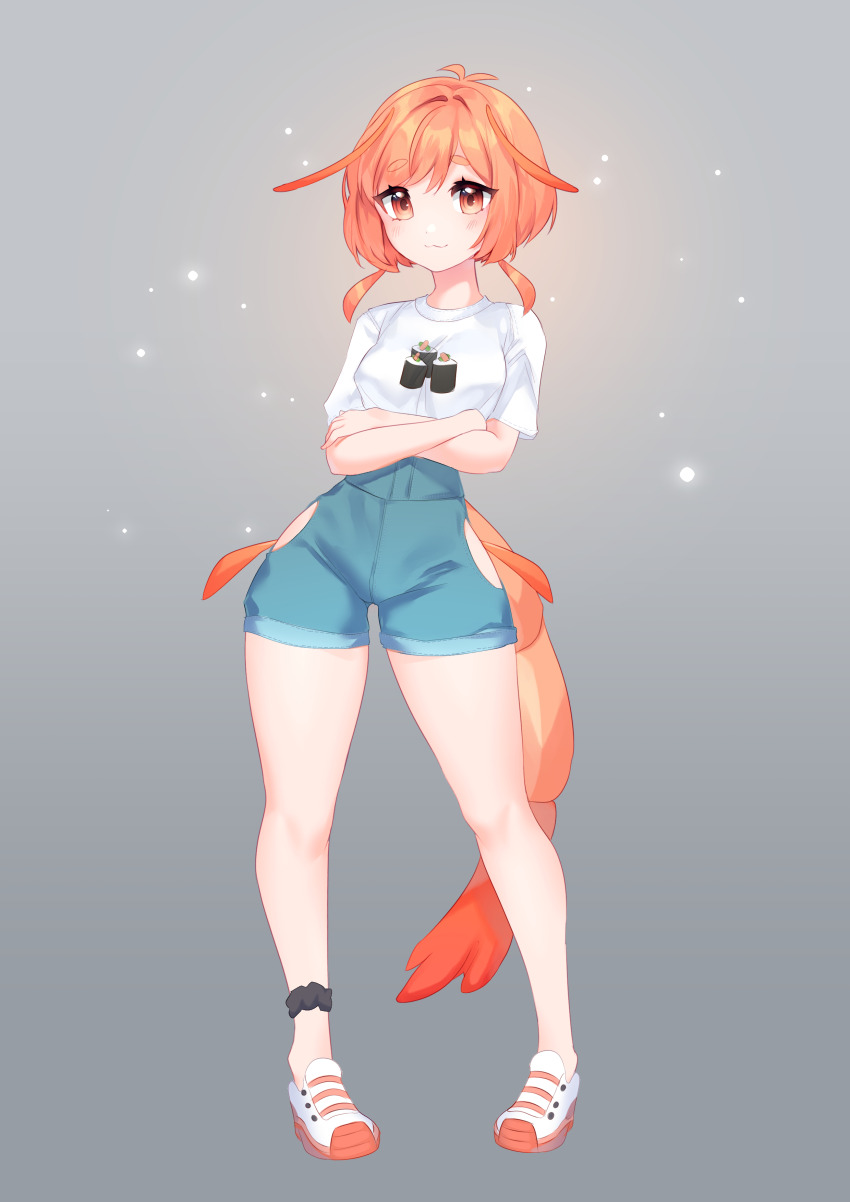 :3 absurdres ankleband antenna_hair commission commissioner_upload crossed_arms denim denim_shorts highres niniidawns orange_eyes orange_hair original pepper_(teuthidan) shirt shirt_tucked_in shoes short_hair shorts shrimp_girl sneakers t-shirt
