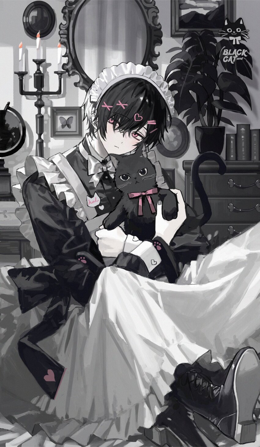 1boy absurdres animal apron black_boots black_cat black_dress black_hair blush book boots bow bowtie candle candlelight candlestand cat chest_of_drawers closed_mouth commentary crossdressing crossdressing_(mtf) crossed_legs dot_nose dress frills full_body globe grey_nails hair_between_eyes hair_ornament hair_scrunchie heart heart_hair_ornament highres holding holding_animal holding_cat indoors looking_at_viewer maid maid_apron maid_headdress male_focus male_maid mirror nana_tetra neck_ribbon original picture_frame pink_eyes pink_ribbon plant ribbon scrunchie short_hair sitting solo spot_color white_apron white_bow white_bowtie white_headdress x_hair_ornament