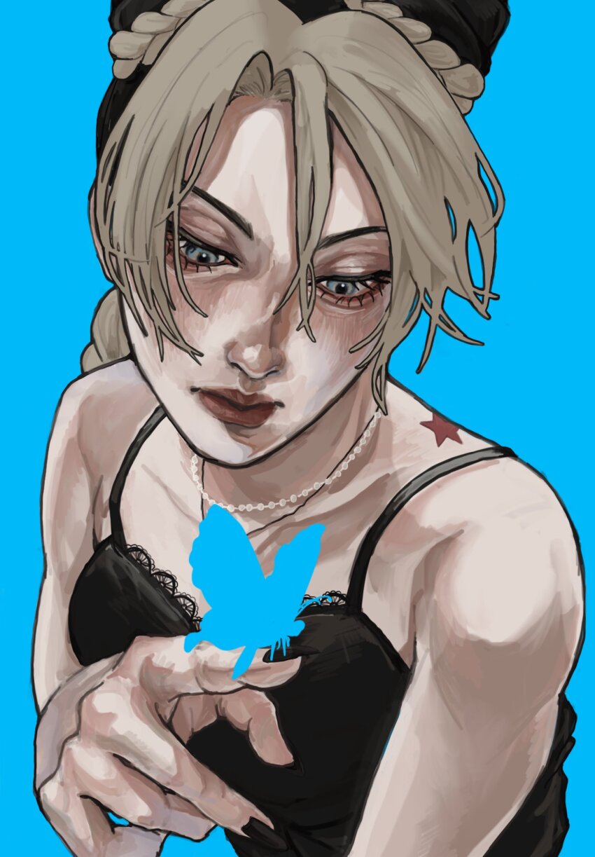 1girl birthmark black_nails blue_background blue_eyes braid braided_ponytail bug bun_with_braided_base butterfly double_bun hair_bun highres insect jewelry joestar_birthmark jojo_no_kimyou_na_bouken kuujou_jolyne lace_trim multicolored_hair necklace simple_background solo stone_ocean two-tone_hair umeko_(00_nro9)