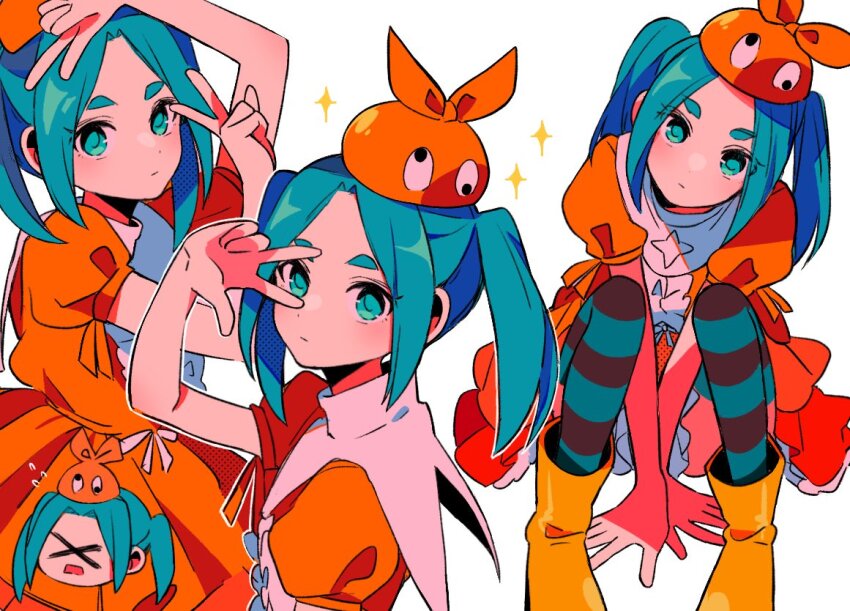 1girl blue_eyes blue_hair boots brown_thighhighs capelet closed_mouth commentary_request double_v dress green_thighhighs hand_up hands_up hat knees_up long_hair looking_at_viewer monogatari_(series) multiple_views ononoki_yotsugi orange_dress orange_hat parted_bangs rubber_boots sanamaru_(sana79261827) simple_background sitting solo striped_clothes striped_thighhighs thick_eyebrows thighhighs twintails v w w_over_eye white_background white_capelet yellow_boots