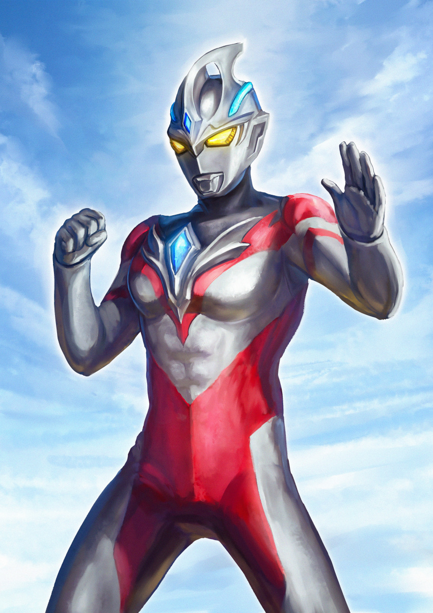 1boy absurdres alien black_skin blue_gemstone blue_sky clenched_hand cloud cloudy_sky color_timer colored_skin commentary_request cowboy_shot fighting_stance forehead_jewel gem highres male_focus muscular muscular_male no_pupils open_hand red_skin robuja silver_skin sky solo tokusatsu ultra_series ultraman_arc ultraman_arc_(series) yellow_eyes