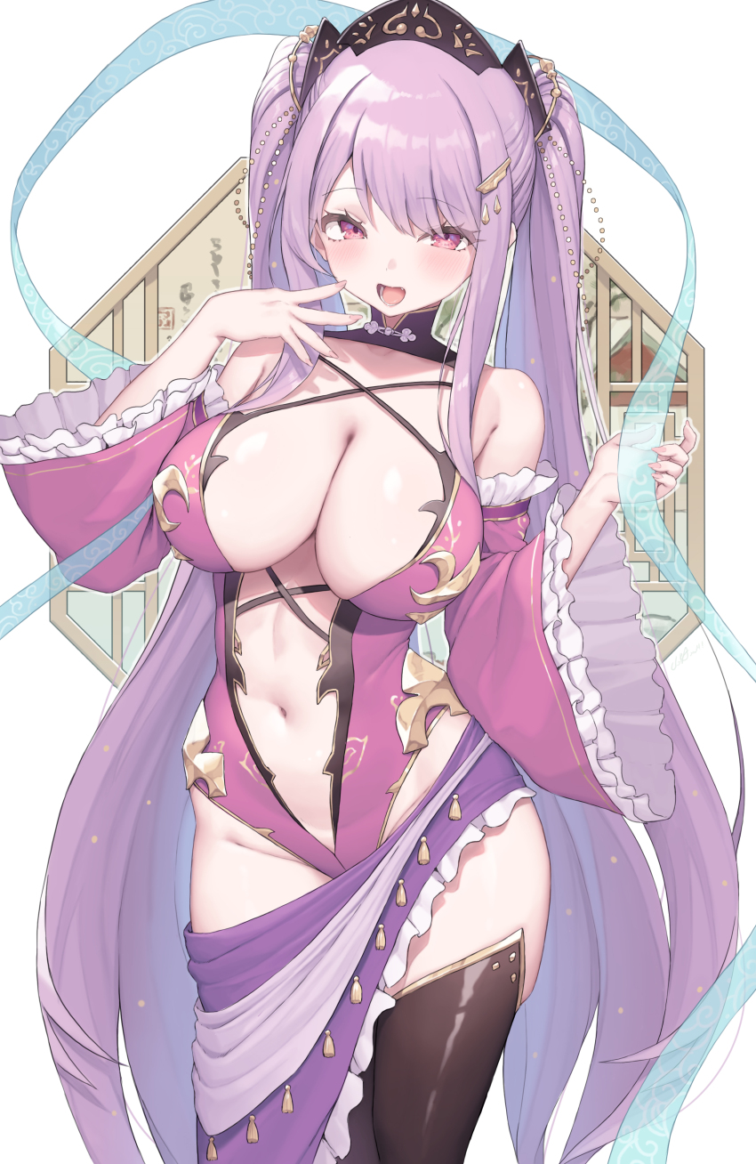 1girl absurdres black_thighhighs blush breasts character_request cleavage cloba copyright_request detached_sleeves finger_to_mouth frilled_sleeves frills hair_ornament hairclip hand_up highres large_breasts leotard long_hair looking_at_viewer navel open_mouth pink_eyes pink_hair pink_leotard revealing_clothes smile solo standing thighhighs twintails very_long_hair wide_sleeves