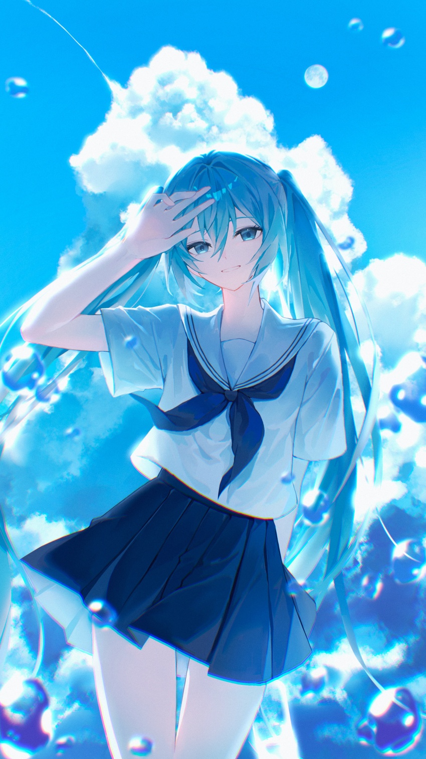 1girl absurdres alternate_costume arm_behind_back black_neckerchief black_skirt blue_eyes blue_hair blue_sky blue_theme bubble cloud cowboy_shot double-parted_bangs hair_between_eyes hatsune_miku highres long_hair looking_at_viewer neckerchief pleated_skirt rocket_cider_(vocaloid) sailor_collar school_uniform serafuku shirohanamame_(shiroha_nmm) shirt short_sleeves skirt sky smile twintails very_long_hair vocaloid white_sailor_collar white_shirt