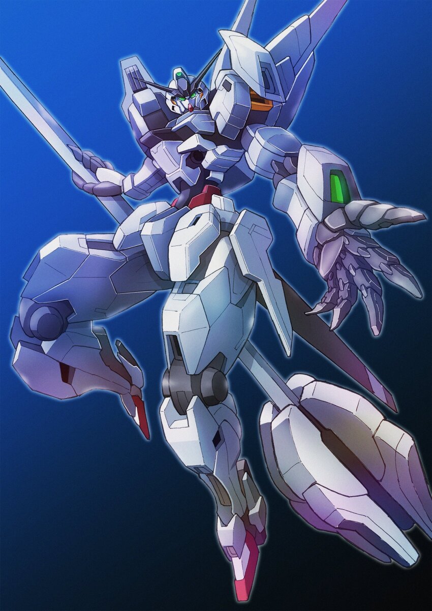 blue_background commentary gradient_background green_eyes gundam gundam_calibarn gundam_suisei_no_majo highres mecha mechanical_broom mobile_suit no_humans robot science_fiction solo sunflower_(tomodog422) thrusters v-fin
