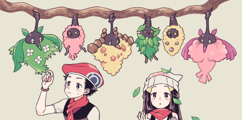 1boy 1girl beanie black_hair blush bracelet branch burmy burmy_(plant) burmy_(sandy) burmy_(trash) closed_mouth commentary_request dawn_(pokemon) evolutionary_line gen_4_pokemon grey_background hair_ornament hairclip hand_up hands_up hat highres jewelry komasawa_(fmn-ppp) leaf long_hair lucas_(pokemon) nintendo pokemon pokemon_(creature) pokemon_dppt red_headwear scarf short_hair short_sleeves simple_background sweatdrop white_headwear wormadam wormadam_(plant) wormadam_(sandy) wormadam_(trash)