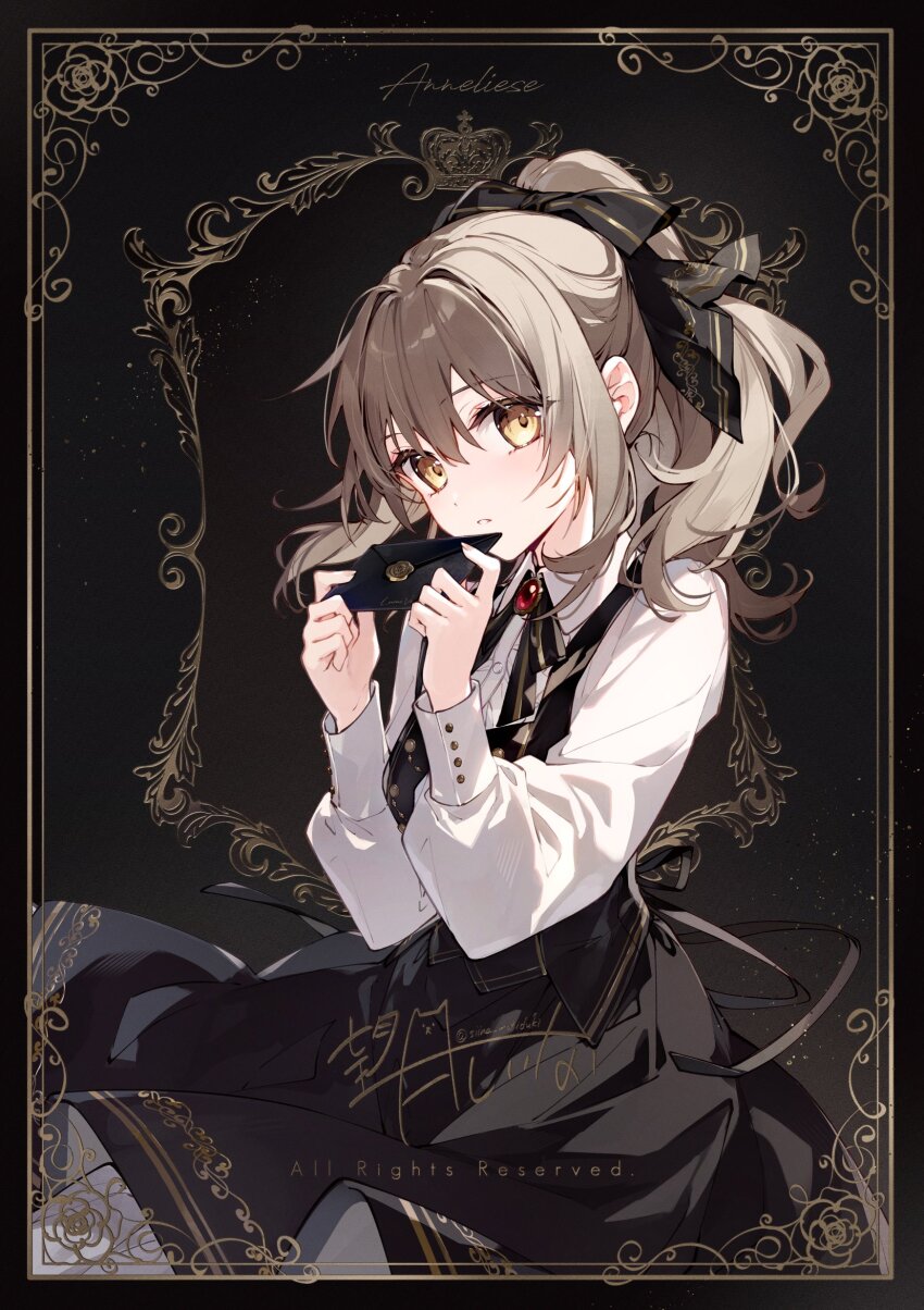1girl annelise_(mochizuki_shiina) black_background black_bow black_skirt black_vest bow brooch brown_eyes brown_hair center_frills character_name collared_shirt commentary dress_shirt english_commentary envelope frills hair_between_eyes hair_bow hands_up highres holding holding_envelope jewelry long_hair long_sleeves looking_at_viewer mochizuki_shiina original parted_lips ponytail puffy_long_sleeves puffy_sleeves shirt skirt solo vest white_shirt