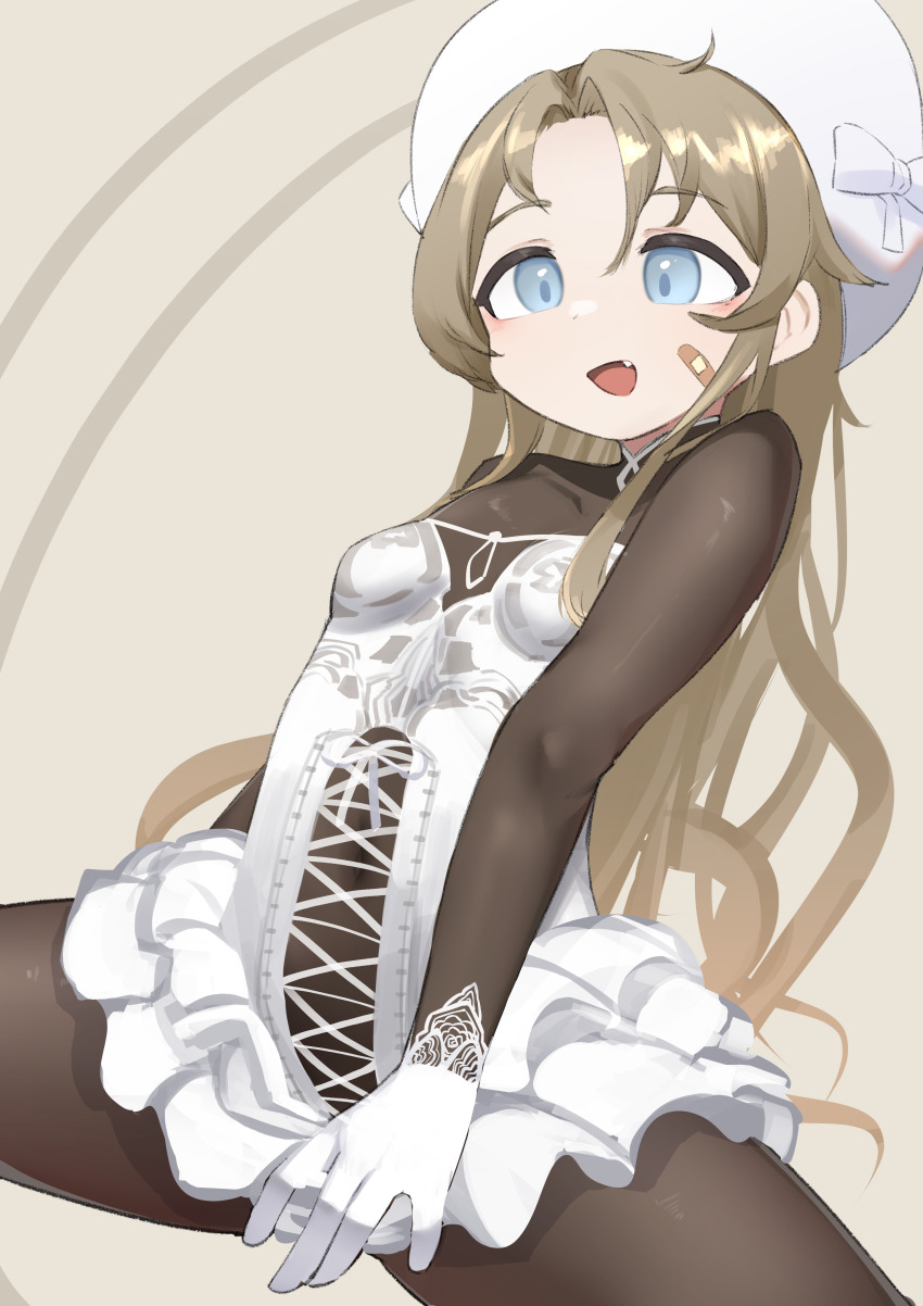1girl absurdres bandaid bandaid_on_cheek bandaid_on_face blonde_hair blue_eyes bodystocking bow breasts colt_m1851n_(girls&#039;_frontline) corset covered_navel cowboy_shot daebom fang frills girls&#039;_frontline gloves hat highres open_mouth simple_background skin_tight small_breasts solo spread_legs white_bow white_corset white_gloves white_hat