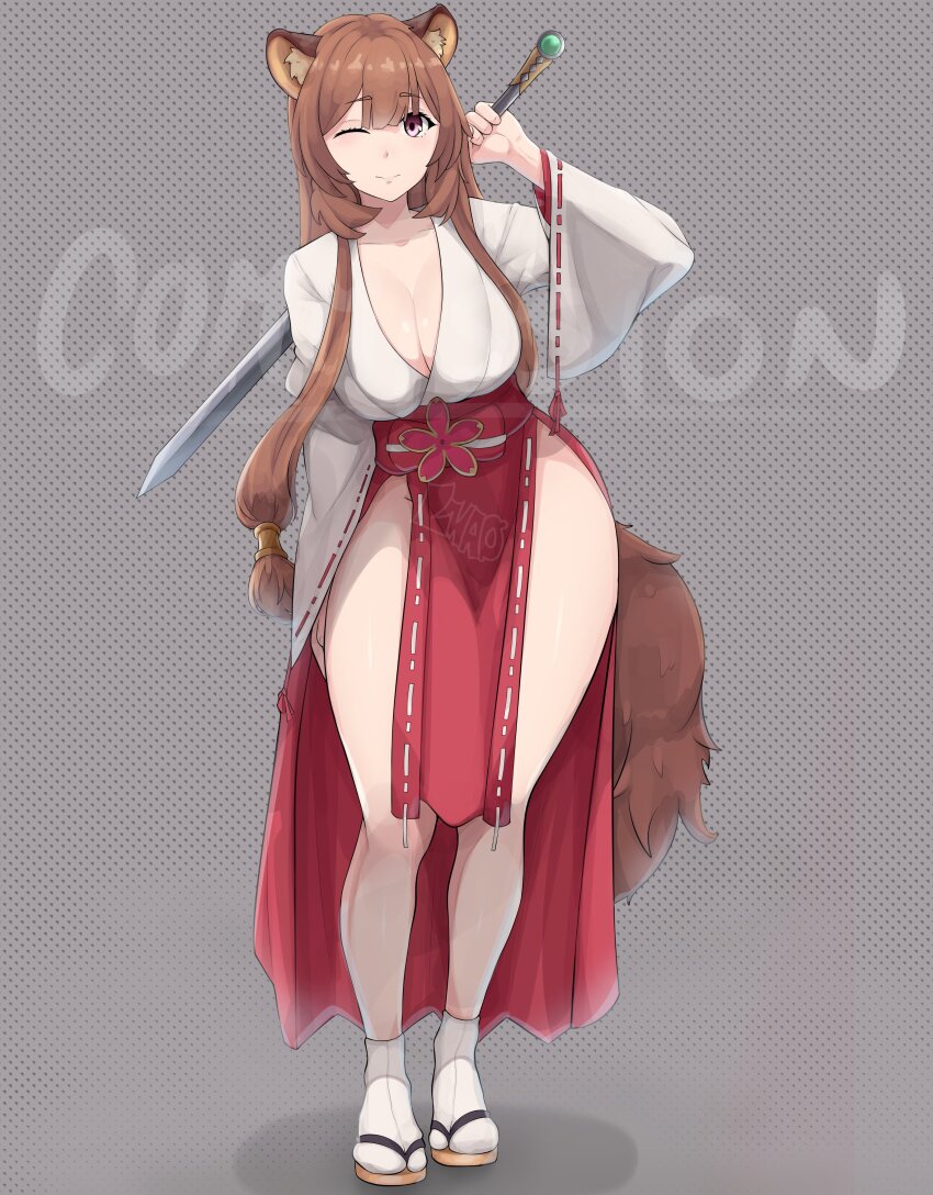 1girl absurdres animal_ear_fluff animal_ears breasts cleavage closed_mouth commentary commission english_commentary eyebrows_hidden_by_hair full_body grey_background hair_between_eyes hakama hand_on_own_hip highres holding holding_behind_back holding_sword holding_sword_behind_back holding_weapon holding_weapon_behind_back japanese_clothes kimono large_breasts long_hair looking_at_viewer nontraditional_miko one_eye_closed polka_dot polka_dot_background purple_eyes raccoon_ears raccoon_girl raccoon_tail raphtalia red_hakama sandals shadow smile socks solo srlmao sword tail tate_no_yuusha_no_nariagari very_long_hair weapon white_kimono white_socks zouri