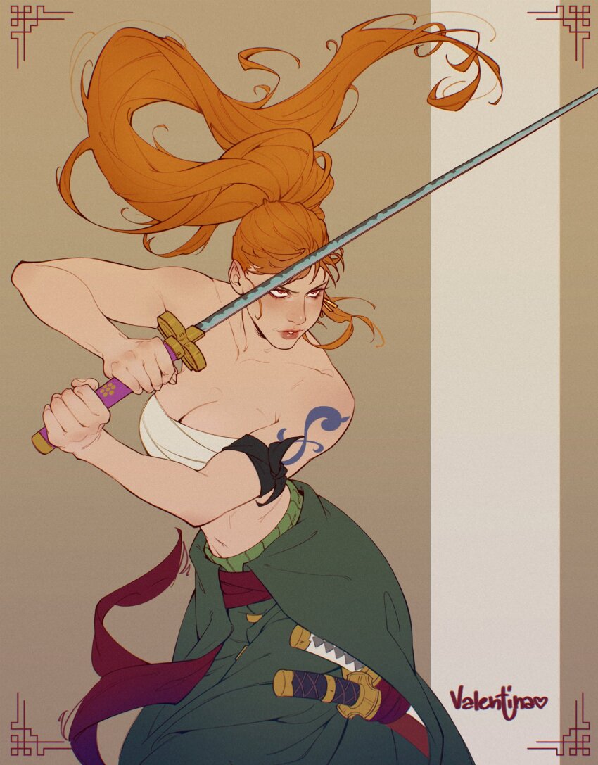 1girl alternate_costume artist_name bare_shoulders breasts brown_eyes chest_sarashi cleavage cosplay highres holding holding_sword holding_weapon katana large_breasts long_hair nami_(one_piece) one_piece orange_hair ponytail roronoa_zoro roronoa_zoro_(cosplay) sarashi shoulder_tattoo solo sword tattoo valentina_tavolilla weapon