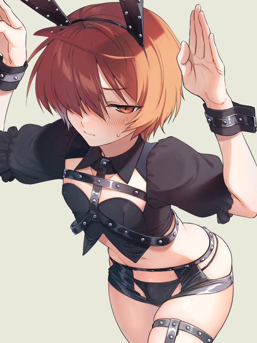 1boy :/ ahoge animal_ears arms_up backlighting black_panties black_shorts blush brown_eyes brown_hair bulge chest_harness cowboy_shot crop_top crotchless_shorts fake_animal_ears fate/grand_order fate_(series) fuuma_kotarou_(fate) hair_over_one_eye harness highres male_focus micro_shorts navel omiyacha open_hands panties parted_bangs puffy_short_sleeves puffy_sleeves rabbit_ears rabbit_pose short_hair short_sleeves shorts simple_background single_thighhigh skindentation solo standing string_panties studs sweatdrop thighhighs trap underwear wrist_cuffs