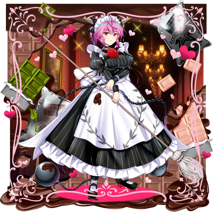 1girl alternate_costume apron back_bow ball_and_chain_restraint black_dress black_shoes border bow breasts chain chocolate chocolate_on_clothes closed_mouth cone_horns cuffs dress enmaided flower frilled_dress frills frown game_cg heart highres holding holding_mop horns ibaraki_douji&#039;s_arm indoors inset_border large_breasts long_sleeves looking_at_viewer maid maid_headdress mary_janes mop official_art oni ornate_border painting_(action) pink_eyes red_flower red_rose rose rotte_(1109) shackles shoes solo third-party_source touhou touhou_lostword transparent_background waist_apron white_apron white_bow
