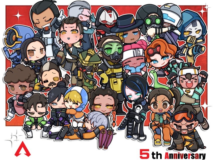 &gt;_&lt; 6+boys 6+girls =_= ^_^ android animification anniversary apex_legends arm_strap armor ash_(titanfall_2) assault_visor aviator_cap ballistic_(apex_legends) bangalore_(apex_legends) beard black_bodysuit black_gloves black_hair black_jacket black_sclera bloodhound_(apex_legends) blue_gloves blue_hair blue_hat blue_jacket bodysuit braid breastplate bright_pupils brown_hair brown_jacket brown_pants brown_shirt cable carrying catalyst_(apex_legends) caustic_(apex_legends) chibi chinese_commentary closed_eyes colored_sclera conduit_(apex_legends) crossed_arms crypto_(apex_legends) dark-skinned_female dark-skinned_male dark_skin double_bun everyone eyebrow_cut facial_hair facial_mark facial_scar forehead_mark fur-trimmed_jacket fur_trim fuse_(apex_legends) gas_mask gibraltar_(apex_legends) gloves goggles goggles_on_head goggles_on_headwear green_gloves green_vest grey_gloves grey_hair hair_behind_ear hair_bun hair_slicked_back hands_on_own_face hat hazmat_suit head_tilt helmet highres hood hood_down hood_up hooded_jacket horizon_(apex_legends) humanoid_robot jacket jumpsuit lap_pillow li_nicole lifeline_(apex_legends) loba_(apex_legends) mad_maggie_(apex_legends) mask mirage_(apex_legends) mouth_mask multicolored_hair multiple_boys multiple_girls mustache nessie_(respawn) newcastle_(apex_legends) octane_(apex_legends) old old_man one-eyed open_mouth orange_bodysuit orange_eyes orange_jacket orange_jumpsuit pants pathfinder_(apex_legends) pointing princess_carry purple_lips rampart_(apex_legends) rebreather red_eyes red_hair revenant_(apex_legends) robot scar scar_on_cheek scar_on_face seer_(apex_legends) shirt shoes side_ponytail simulacrum_(titanfall) single_glove single_hair_bun smile smirk sneakers soul_patch sparkle stepped_on streaked_hair sweatdrop twin_braids two-tone_hair undercut v-shaped_eyebrows valkyrie_(apex_legends) vantage_(apex_legends) vest wattson_(apex_legends) white_bodysuit white_jacket white_pupils wraith_(apex_legends) yellow_gloves yellow_shoes
