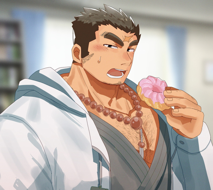 1boy bara blush chest_hair cross_scar donut facial_hair food holding holding_donut holding_food houzouin_oniwaka huge_eyebrows large_pectorals looking_at_viewer male_focus mature_male muscular muscular_male open_mouth pectoral_cleavage pectorals scar scar_on_face scar_on_forehead short_hair shy sideburns solo suna_sand1 thick_eyebrows tokyo_houkago_summoners upper_body