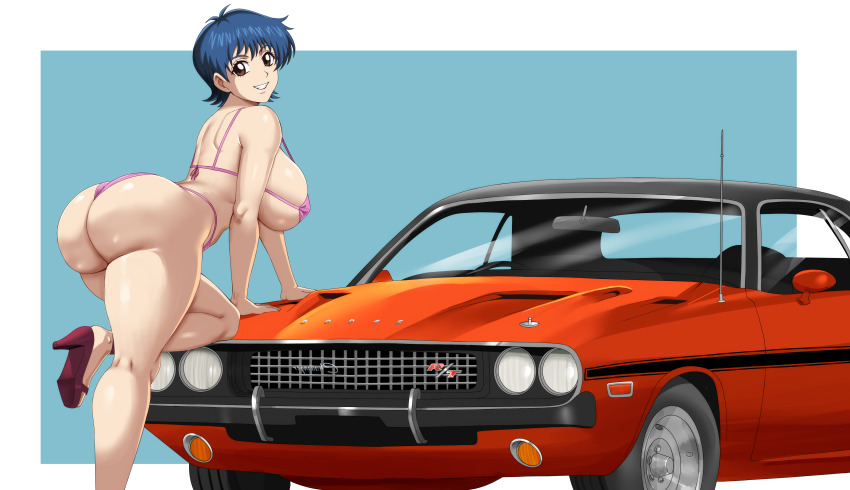 1girl absurdres ass bikini blue_hair breasts brown_eyes dodge_(company) dodge_challenger high_heels highres huge_ass huge_breasts large_breasts micro_bikini nami_sos! pink_bikini pinkpawg pinup_(style) pixie_cut short_hair solo swimsuit yamane_chisato