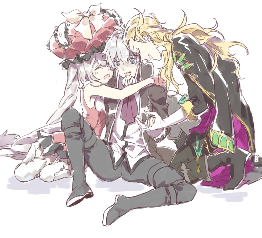 1girl 2boys @_@ absurdres ascot bare_shoulders bisexual_male black_boots black_coat black_jacket black_pants black_shirt black_skirt blonde_hair blue_eyes blush boots bow charles-henri_sanson_(fate) chinese_commentary closed_eyes coat embarrassed fate/grand_order fate_(series) frilled_hat frills full_body gloves gold_trim hair_between_eyes hair_slicked_back hat hat_bow highres holding_hands hug jacket jacket_on_shoulders knee_boots knee_up light_blush long_hair long_sleeves marie_antoinette_(fate) multiple_boys nervous_smile on_one_knee open_clothes open_coat open_mouth pants popped_collar purple_ascot red_gloves red_hat red_shirt redoxhn shirt short_hair simple_background sitting skirt sleeveless sleeveless_shirt smile thigh_boots twintails white_background white_boots white_bow white_gloves white_hair white_shirt wolfgang_amadeus_mozart_(fate) yokozuwari
