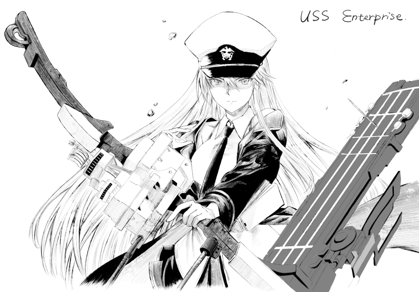 1girl azur_lane black_coat black_skirt bow_(weapon) coat collared_shirt enterprise_(azur_lane) flight_deck grey_eyes grey_hair hat highres long_hair military military_hat military_uniform monochrome necktie open_clothes open_coat pleated_skirt rigging shirt sketch skirt sleeveless sleeveless_shirt tenosynovitis underbust very_long_hair weapon white_headwear white_shirt