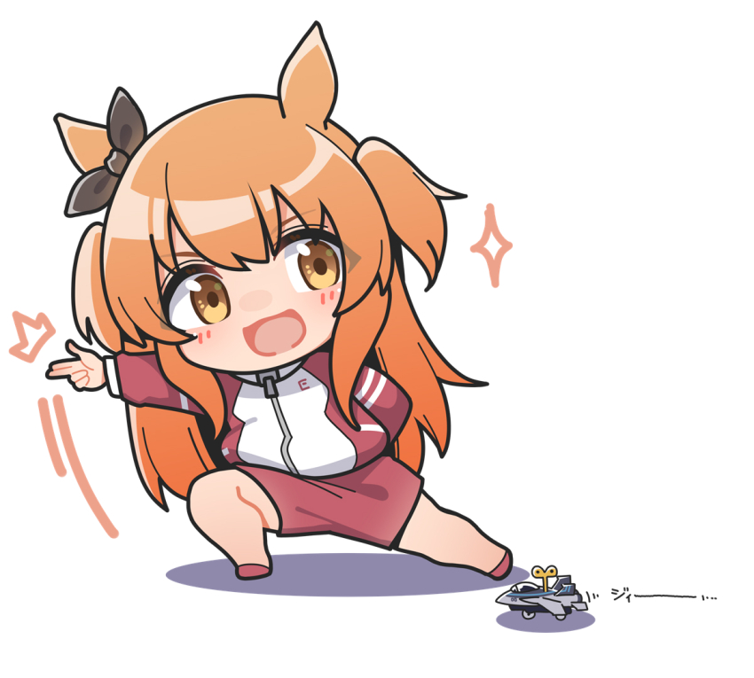 1girl :d ^^^ animal_ears blush bow brown_eyes chibi commentary_request ear_ribbon green_ribbon gym_shorts horse_ears jacket long_hair long_sleeves mayano_top_gun_(umamusume) open_mouth orange_hair outstretched_arm puffy_long_sleeves puffy_sleeves red_jacket red_shoes red_shorts ribbon shadow shoes shorts simple_background smile solo toy_airplane track_jacket two_side_up umamusume v-shaped_eyebrows very_long_hair warashi white_background