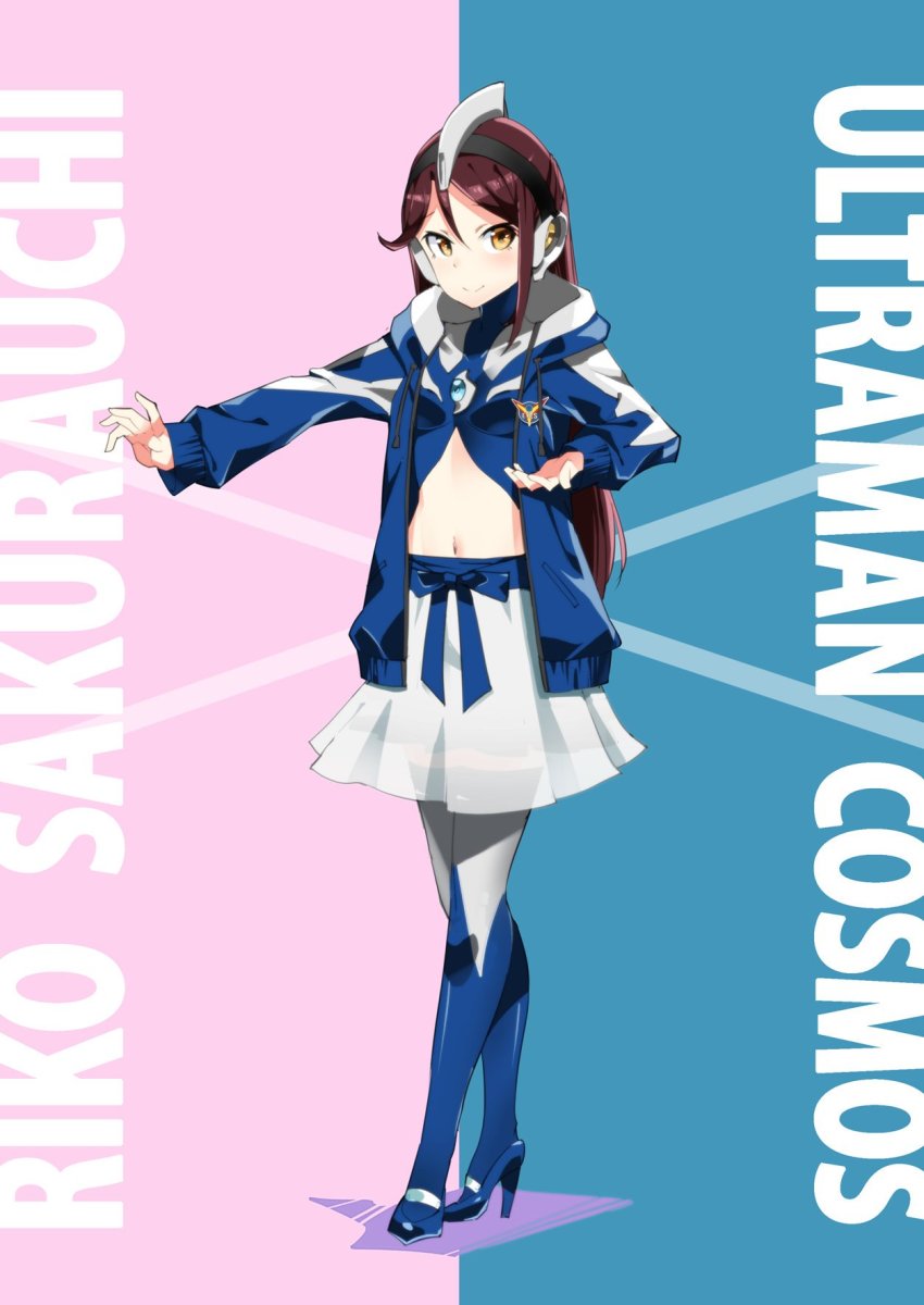 1girl blue_background blue_footwear blue_ribbon blue_thighhighs breasts character_name color_timer commentary cosplay english_text full_body grey_thighhighs headphones high_heels highres jacket long_hair looking_at_viewer love_live! love_live!_sunshine!! midriff miniskirt multicolored_legwear navel pink_background red_hair revision ribbon sakurauchi_riko sasanon_(sasapoliton) see-through_clothes see-through_skirt sidelocks skirt small_breasts solo standing thighhighs two-tone_background ultra_series ultraman_cosmos ultraman_cosmos_(cosplay) ultraman_cosmos_(series) yellow_eyes