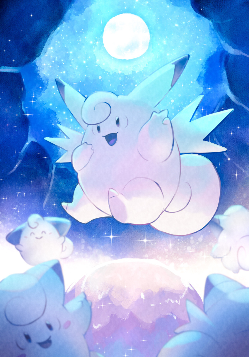 blush clefable clefairy cleffa commentary_request evolutionary_line floating full_body full_moon gen_1_pokemon gen_2_pokemon highres moon nintendo no_humans open_mouth pointing pokemon pokemon_(creature) smile tail toneko wings