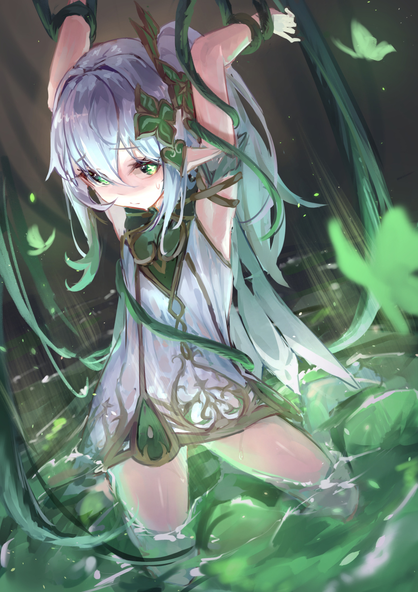 1girl absurdres armlet armpits arms_up asymmetrical_sidelocks bright_pupils bug butterfly closed_mouth cross-shaped_pupils dress dutch_angle furrowed_brow genshin_impact green_butterfly green_eyes green_hair grey_hair hair_between_eyes hair_ornament high_side_ponytail highres insect jewelry kneeling legs_apart long_hair looking_at_viewer multicolored_hair nahida_(genshin_impact) partially_submerged plant pointy_ears restrained shallow_water short_dress side_ponytail sleeveless sleeveless_dress solo sweatdrop symbol-shaped_pupils water white_dress yu_hydra
