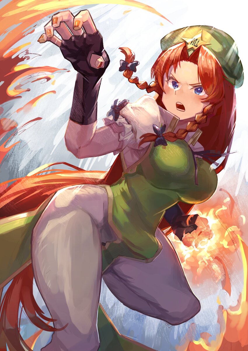 1girl absurdres beret black_bow black_gloves black_ribbon blue_eyes bow braid breasts chinese_clothes collared_dress commentary_request dress embodiment_of_scarlet_devil feet_out_of_frame fighting_stance fire flaming_hand frilled_sleeves frills full_body gloves green_dress green_eyes green_hat green_skirt green_vest hair_bow hat hat_ornament highres hiragi_sage hong_meiling large_breasts leg_up long_hair looking_ahead neck_ribbon open_mouth orange_nails pants puffy_short_sleeves puffy_sleeves red_hair ribbon shirt short_sleeves skirt star_(symbol) star_hat_ornament teeth touhou twin_braids very_long_hair vest white_pants white_shirt