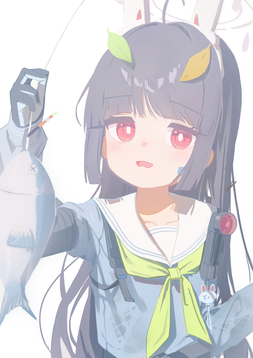 1girl absurdres animal_ears black_gloves black_hair blue_archive bright_pupils commentary fake_animal_ears fish fishing_line gloves green_neckerchief highres leaf leaf_on_head long_hair miyu_(blue_archive) neckerchief nyune open_mouth rabbit_ears red_eyes sailor_collar shoe_print solo white_pupils white_sailor_collar