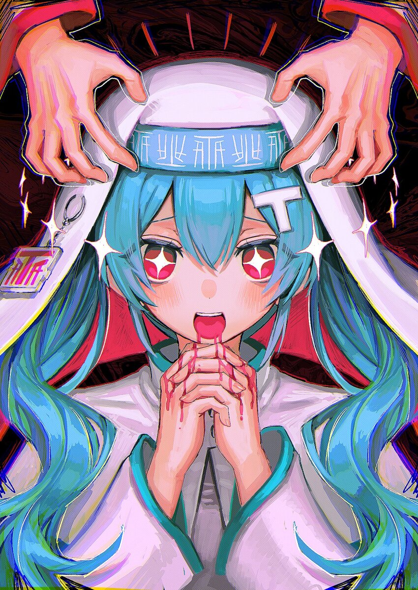+_+ 1girl aqua_hair blood blood_from_mouth blue_hair blush hair_between_eyes hair_ornament hat hatsune_miku highres kasane_teto kasane_teto_(sv) letter_hair_ornament long_hair long_sleeves looking_at_viewer mind_control nun open_mouth own_hands_together pink_eyes red_eyes sawara_wara smile synthesizer_v t-shi_no_hanashi_wo_shinjiru_na_(vocaloid) traditional_nun twintails upper_body utau vocaloid