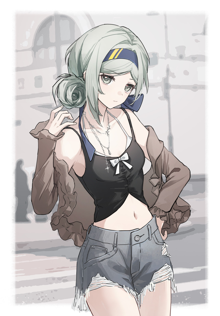 1girl absurdres black_camisole blue_hairband blue_ribbon border bow bra breasts brown_jacket camisole chinese_commentary closed_mouth collarbone commentary_request cowboy_shot cutoffs denim denim_shorts expressionless grey_eyes grey_hair grey_shorts hair_bun hair_ribbon hairband halterneck hand_on_own_hip hand_up highres jacket jewelry looking_at_viewer midriff navel necklace off_shoulder open_clothes open_jacket outside_border reverse:1999 ribbon short_shorts shorts small_breasts solo underwear vertin_(reverse:1999) white_border white_bow white_bra yukiri_(l_ii)
