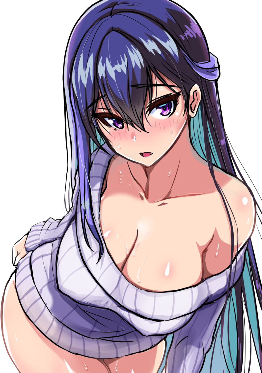 1girl bazooka_cat black_hair blush breasts cleavage collarbone cowboy_shot dress earrings female_focus forcas hair_ornament highres jewelry large_breasts long_hair long_sleeves looking_at_viewer multicolored_hair naked_sweater off_shoulder open_mouth phantom_of_the_kill purple_eyes ribbed_dress ribbed_sweater solo sweater sweater_dress two-tone_hair
