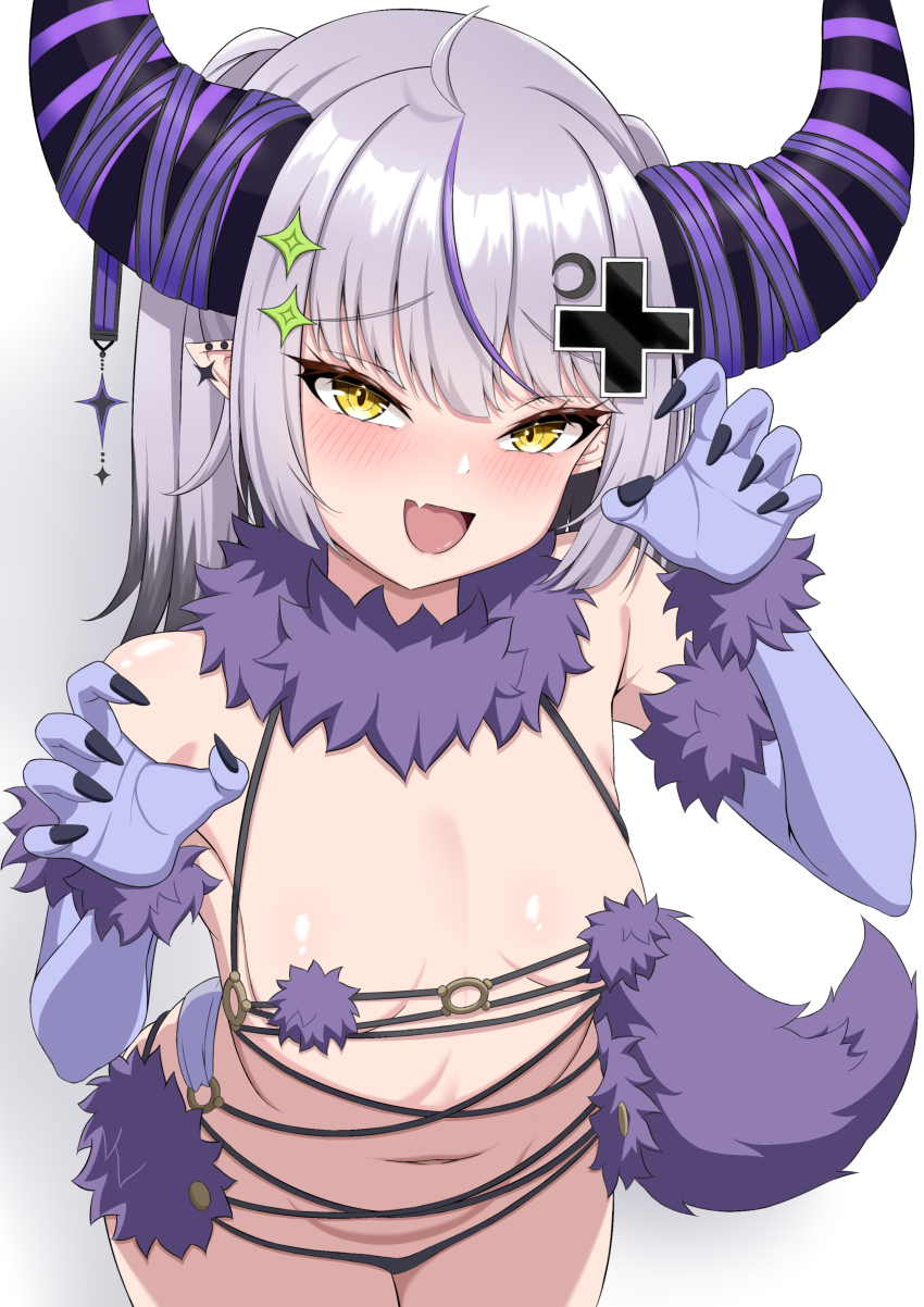 1girl absurdres adapted_costume ahoge alternate_costume alternate_hair_length alternate_hairstyle ashiru black_hair black_horns blue_gloves blush breasts claw_pose colored_tips commentary_request cosplay cross_hair_ornament demon_girl demon_horns detached_collar elbow_gloves fang fate/grand_order fate_(series) fur-trimmed_gloves fur_bikini fur_collar fur_trim gloves grey_hair hair_ornament highres hololive horns huge_horns la+_darknesss looking_at_viewer mash_kyrielight mash_kyrielight_(dangerous_beast) mash_kyrielight_(dangerous_beast)_(cosplay) multicolored_hair navel o-ring o-ring_top open_mouth pointy_ears purple_tail revealing_clothes skin_fang slit_pupils small_breasts solo virtual_youtuber yellow_eyes