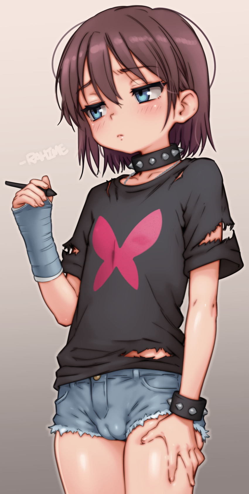 absurdres ass bare_legs birch_small black_shirt blue_eyes blush bracelet breasts brown_hair cameltoe cast cleft_of_venus collar collarbone denim denim_shorts fat_mons flat_chest gradient_background gradient_hair groin highres holding holding_pen injury jewelry loli messy_hair multicolored_hair my_life_me necklace pen punk pussy rahime sad shiny_skin shirt short_hair short_shorts shorts simple_background skindentation small_breasts spiked_bracelet spiked_collar spikes thighs torn_clothes