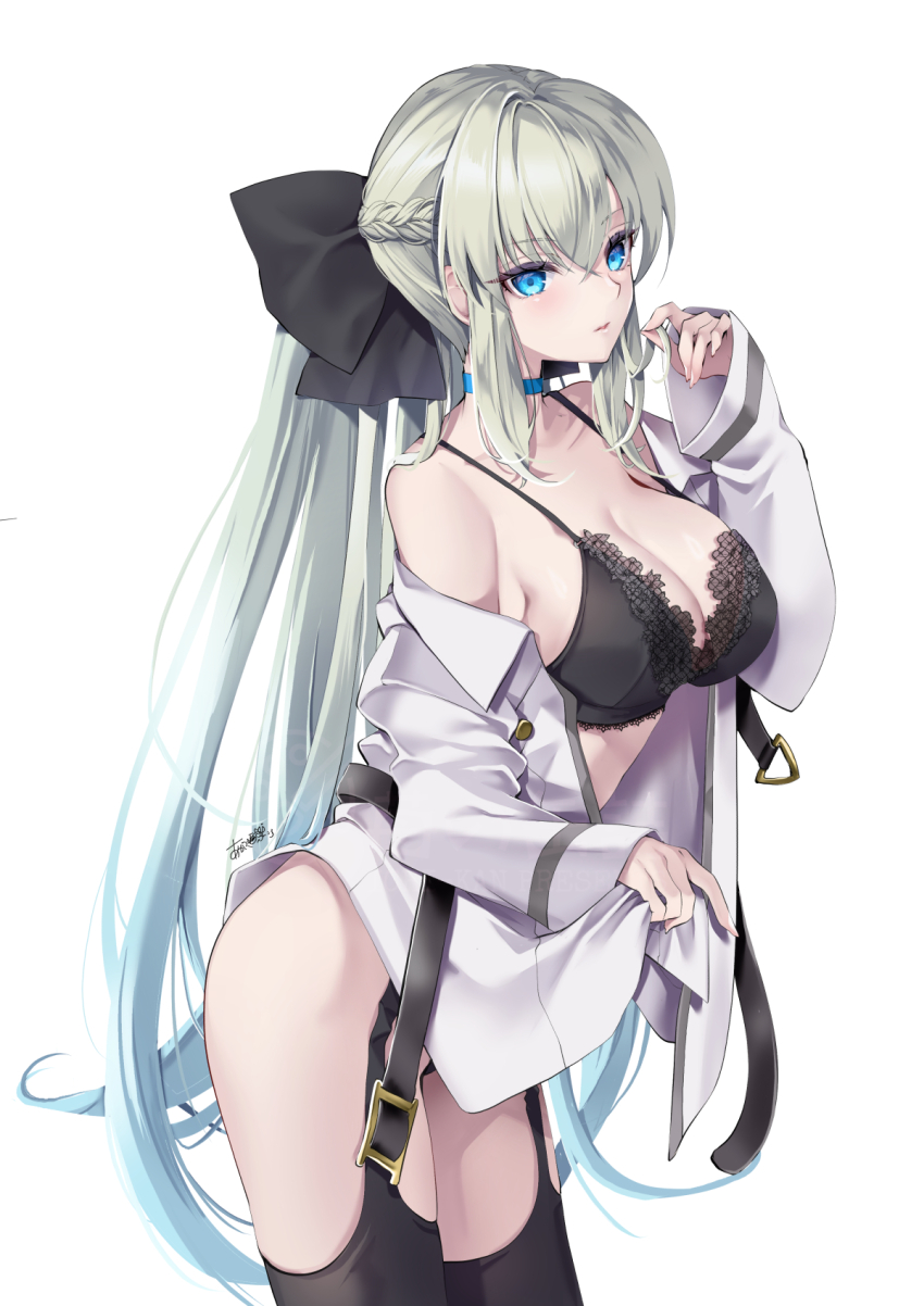 1girl akatsuki_hijiri black_bra black_garter_straps black_thighhighs blue_choker blue_eyes bra breasts choker cleavage commentary_request fate/grand_order fate_(series) garter_straps highres large_breasts long_hair morgan_le_fay_(fate) shirt simple_background solo thighhighs underwear white_background white_hair white_shirt