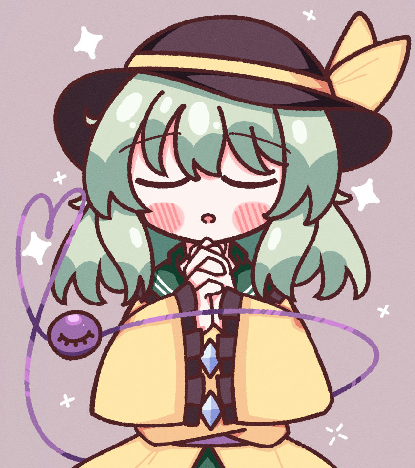 1girl :o absurdres blush_stickers bow buttons closed_eyes collar diamond_button frilled_collar frilled_sleeves frills green_hair green_skirt hat hat_bow heart heart_of_string highres komeiji_koishi long_sleeves open_mouth purple_background shirt short_hair simple_background skirt solo star_(symbol) third_eye touhou waroemon yellow_bow yellow_shirt