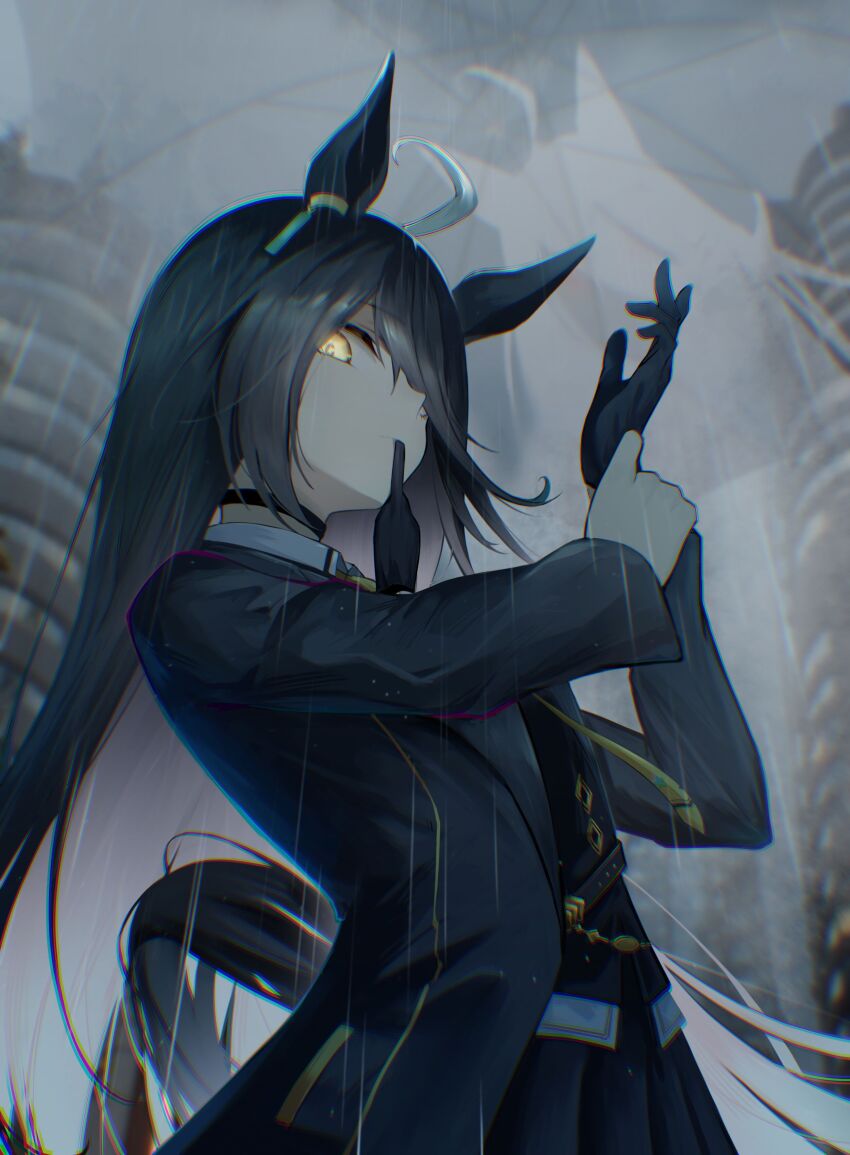 1girl absurdres adjusting_clothes adjusting_gloves ahoge animal_ears arms_up belt black_belt black_choker black_coat black_gloves black_hair black_shirt black_skirt building cai_ji_(user_jmrv4342) choker coat collared_shirt ghost glove_in_mouth gloves hair_over_one_eye highres horse_ears horse_girl horse_tail long_hair long_sleeves looking_at_viewer manhattan_cafe_(umamusume) mouth_hold multicolored_hair necktie outdoors pleated_skirt rain shirt skirt solo sunday_silence_(racehorse) tail umamusume umbrella variant_set very_long_hair water_drop white_hair yellow_necktie
