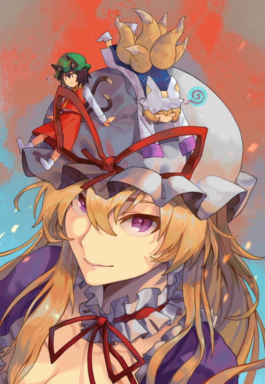 3girls animal_ears blonde_hair blue_tabard breasts brown_hair cat_ears cat_girl cat_tail chen choker cleavage dress fox_girl fox_tail frills gradient_background hair_between_eyes hat highres light_smile long_hair long_sleeves looking_at_viewer lying medium_hair mini_person minigirl mob_cap multiple_girls multiple_tails on_head on_stomach onionmay person_on_head purple_dress purple_eyes red_skirt red_vest ribbon_choker shirt sitting size_difference skirt socks tabard tail touhou upper_body vest white_dress white_shirt white_socks yakumo_ran yakumo_yukari