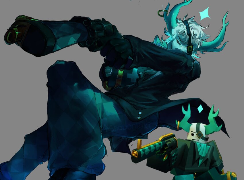 1boy aqua_horns aqua_pants argyle_clothes argyle_pants arm_up black_gloves coat dutch_angle first_aid_kit gloves green_coat grey_background gun highres holding holding_gun holding_weapon horns male_focus medkit_(phighting!) nr1toki pants phighting! roblox simple_background solo sparkle weapon white_hair