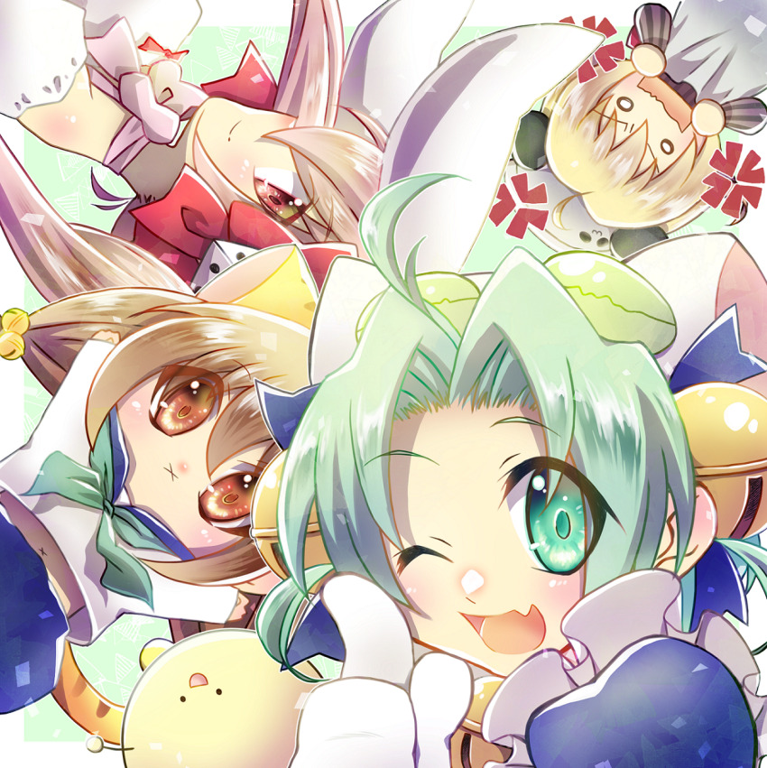 4girls ahoge animal_ears animal_hat annoyed bell blonde_hair blush bow brown_eyes brown_hair cat_ears cat_hat commentary_request dejiko di_gi_charat gema gloves green_eyes green_hair hair_bow hat highres long_hair looking_at_viewer midriff multiple_girls navel one_eye_closed open_mouth piyoko puchiko reiwa_no_di_gi_charat upper_body usada_hikaru user_uhpj5274 white_gloves